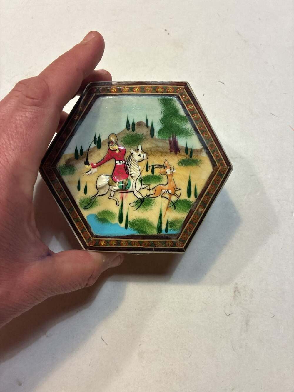 Vintage Persian Khatam Marquetry Inlaid Hexagonal Wood Trinket Box with Hand-Pai